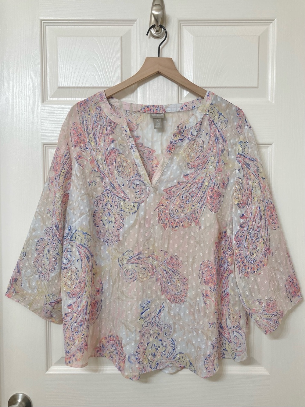 Chico's Size 3 Sheer Paisley 3/4 Sleeve Cream Clip Dot Blouse XL Romantic Boho